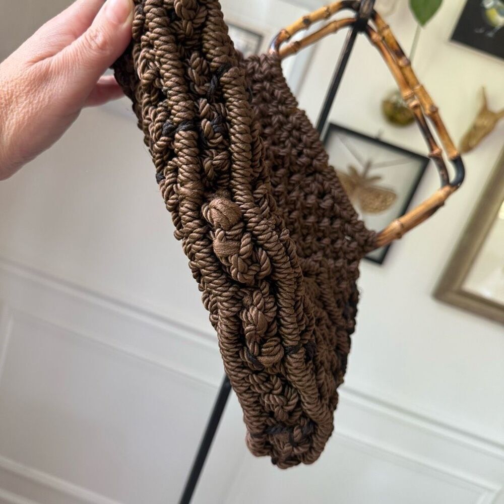 Vintage 70s Macrame Bamboo Handled Satchel Hand Bag Purse Brown - Picture 5 of 6